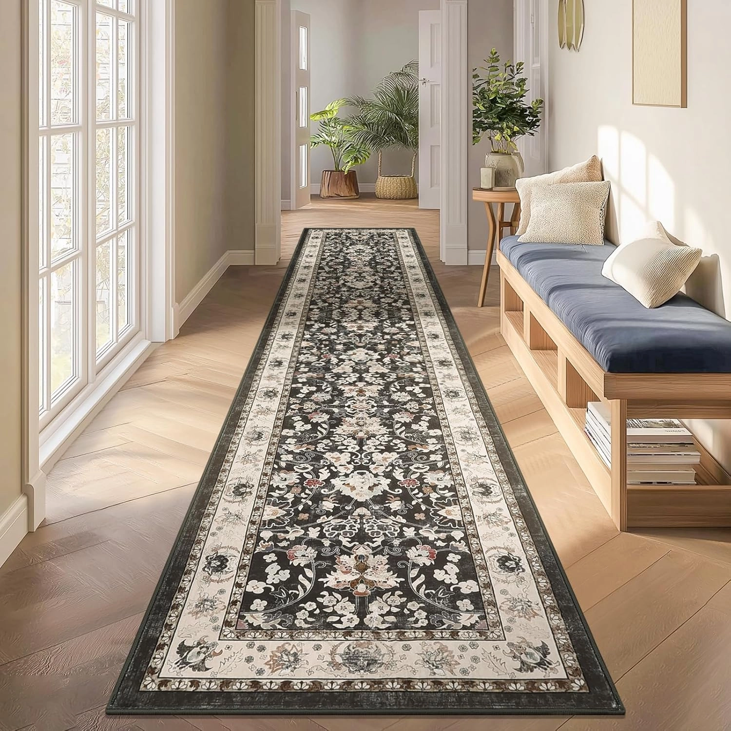LOKHOM Washable Runner Rug, 2x10 Non-Slip Vintage Farmhouse Hallway Runner Rug with Rubber Backing, Boho Soft Faux Wool Kitchen Rug Carpet Runner for Kitchen Laundry Entryway Bedroom (Black)