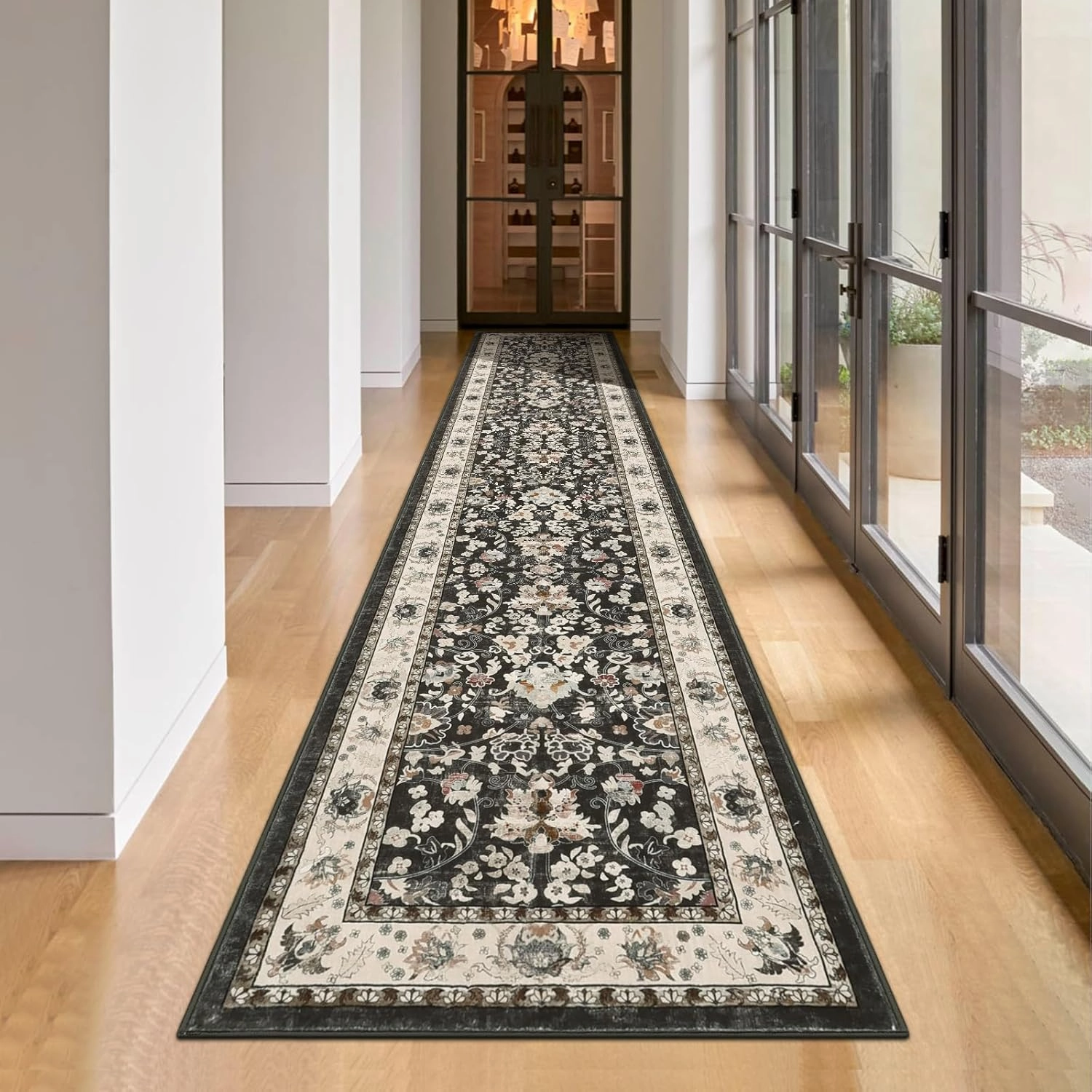LOKHOM Washable Runner Rug, 2x10 Non-Slip Vintage Farmhouse Hallway Runner Rug with Rubber Backing, Boho Soft Faux Wool Kitchen Rug Carpet Runner for Kitchen Laundry Entryway Bedroom (Black)