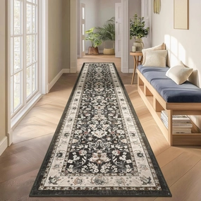 LOKHOM Washable Runner Rug, 2x10 Non-Slip Vintage Farmhouse Hallway Runner Rug with Rubber Backing, Boho Soft Faux Wool Kitchen Rug Carpet Runner for Kitchen Laundry Entryway Bedroom (Black)