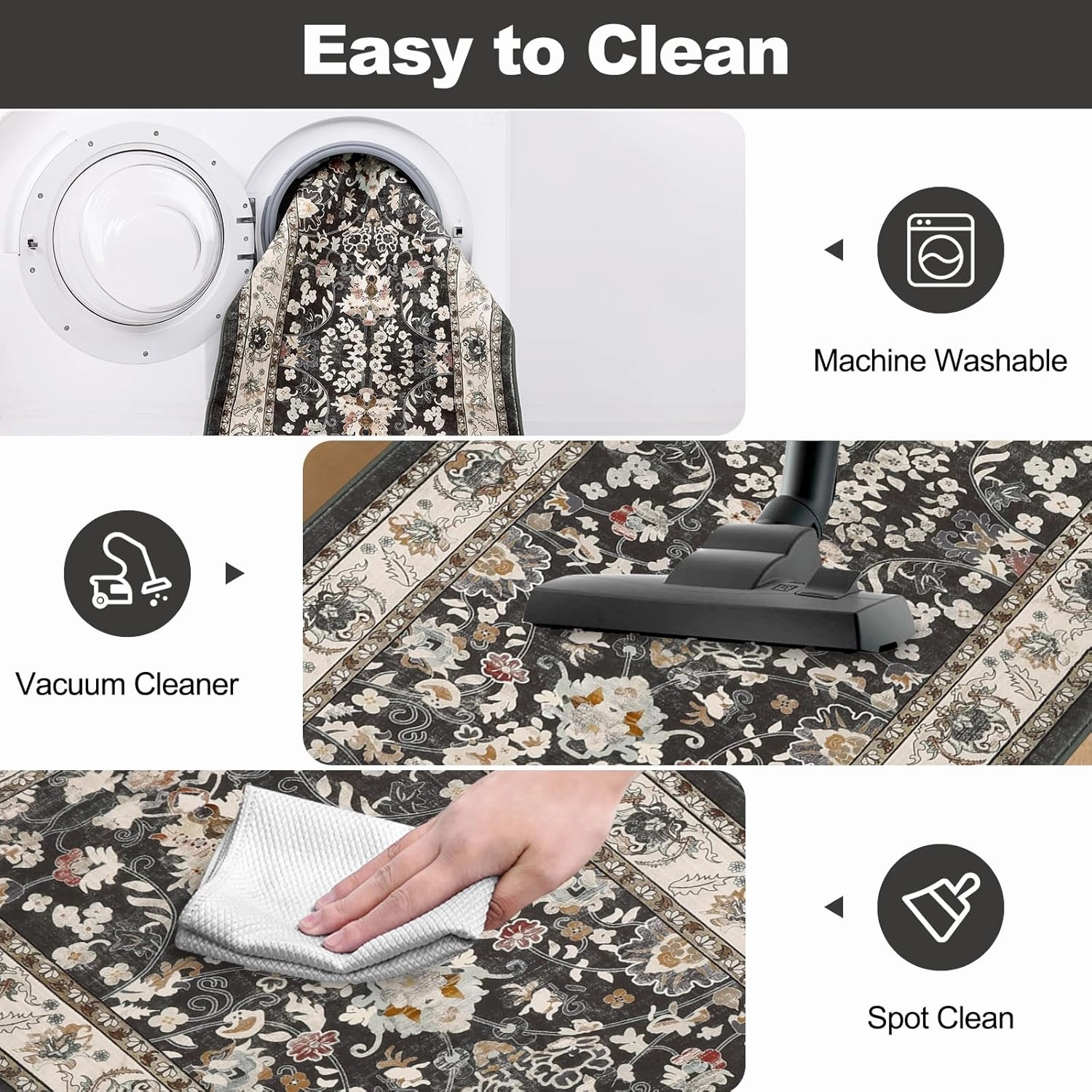 LOKHOM Washable Runner Rug, 2x10 Non-Slip Vintage Farmhouse Hallway Runner Rug with Rubber Backing, Boho Soft Faux Wool Kitchen Rug Carpet Runner for Kitchen Laundry Entryway Bedroom (Black)
