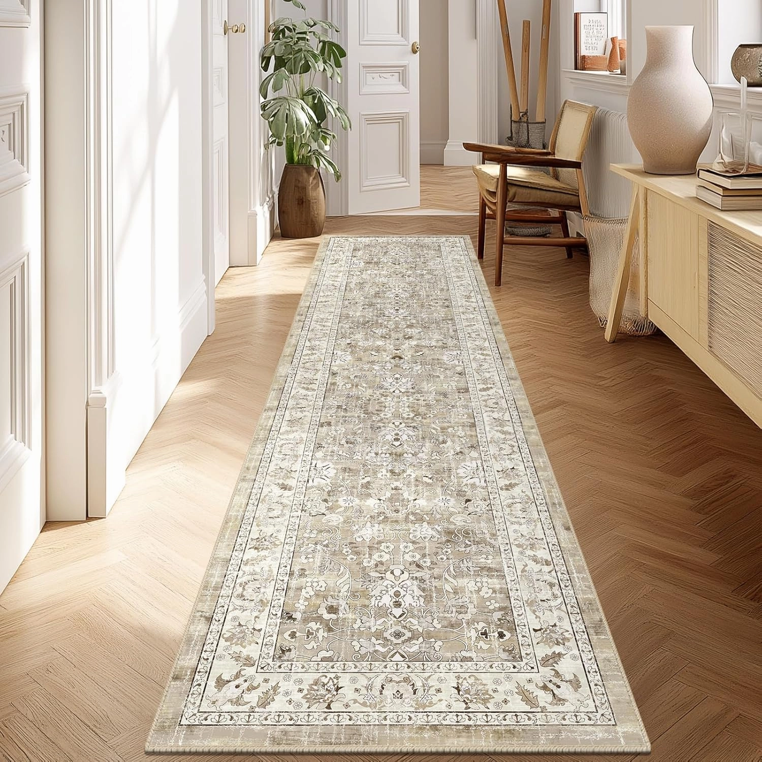 LOKHOM Washable Runner Rug, 2x8 Non-Slip Vintage Hallway Runner Rug with Rubber Backing, Boho Floral Soft Faux Wool Kitchen Rug Carpet Runner for Laundry Entryway Bedroom (Beige Brown)