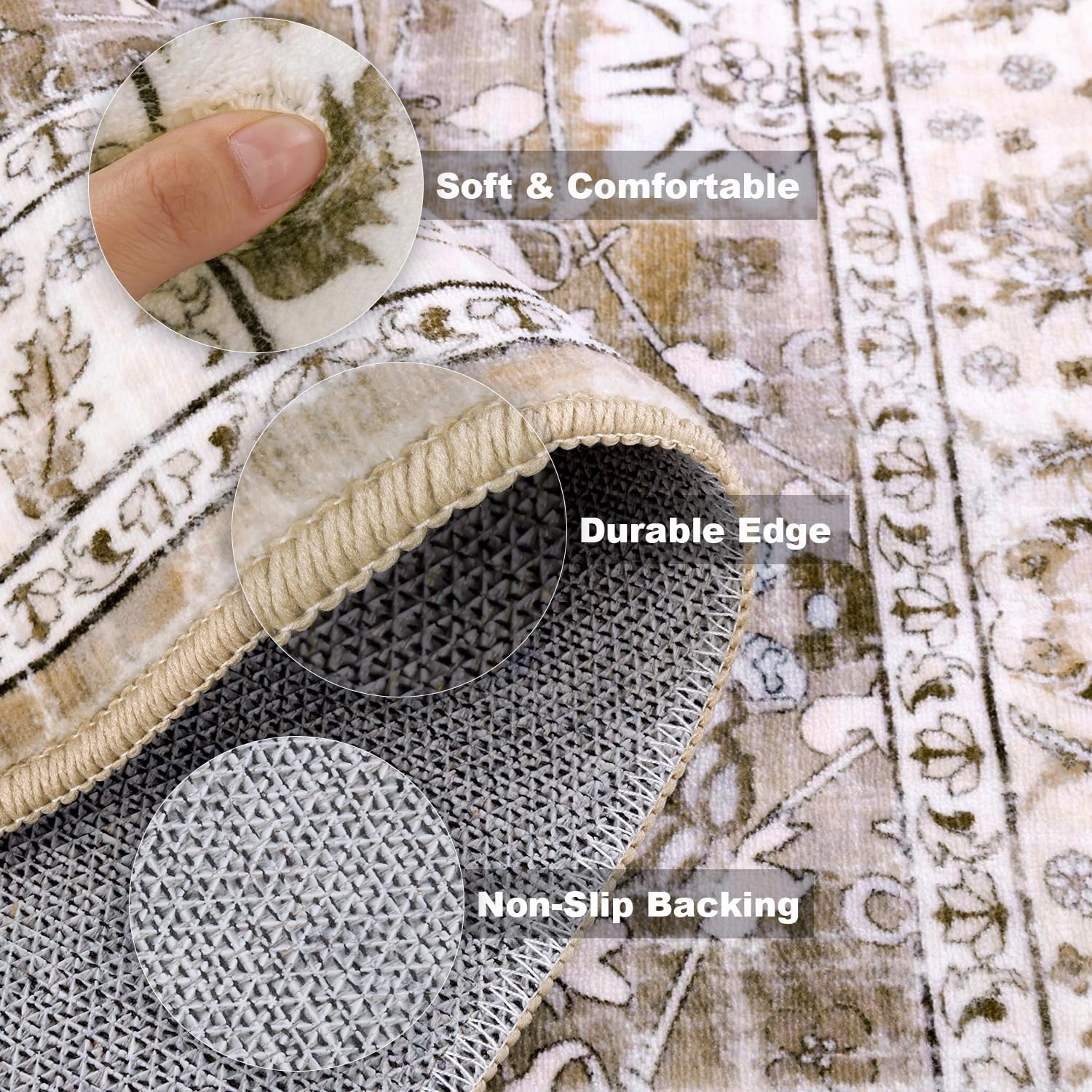LOKHOM Washable Runner Rug, 2x8 Non-Slip Vintage Hallway Runner Rug with Rubber Backing, Boho Floral Soft Faux Wool Kitchen Rug Carpet Runner for Laundry Entryway Bedroom (Beige Brown)