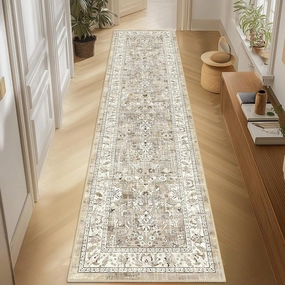 LOKHOM Washable Runner Rug, 2x8 Non-Slip Vintage Hallway Runner Rug with Rubber Backing, Boho Floral Soft Faux Wool Kitchen Rug Carpet Runner for Laundry Entryway Bedroom (Beige Brown)