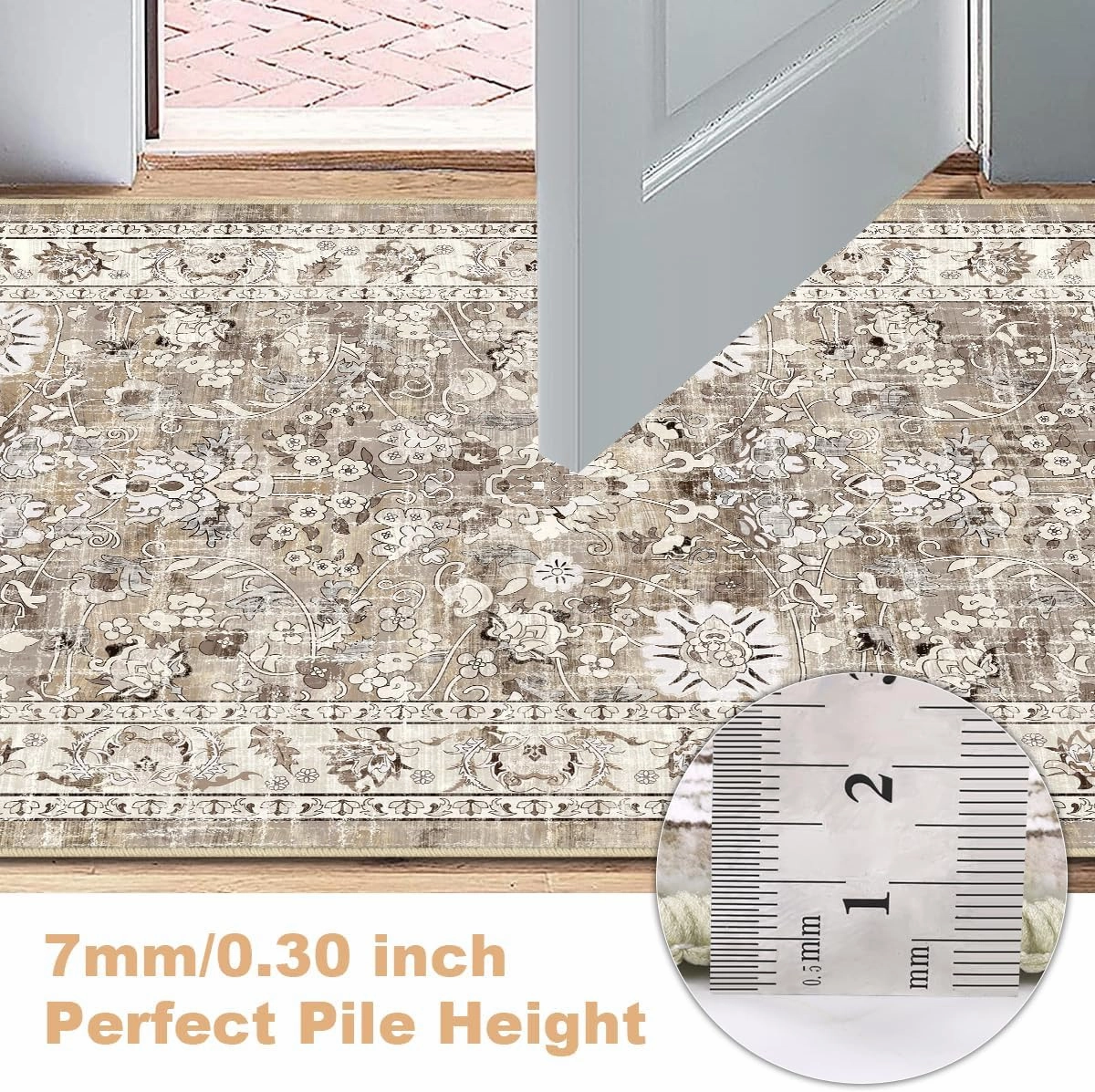 LOKHOM Washable Runner Rug, 2x8 Non-Slip Vintage Hallway Runner Rug with Rubber Backing, Boho Floral Soft Faux Wool Kitchen Rug Carpet Runner for Laundry Entryway Bedroom (Beige Brown)