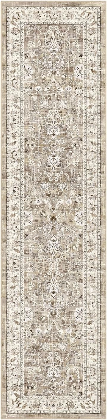 LOKHOM Washable Runner Rug, 2x8 Non-Slip Vintage Hallway Runner Rug with Rubber Backing, Boho Floral Soft Faux Wool Kitchen Rug Carpet Runner for Laundry Entryway Bedroom (Beige Brown)