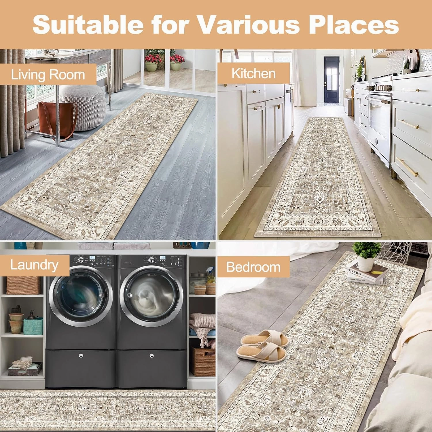 LOKHOM Washable Runner Rug, 2x8 Non-Slip Vintage Hallway Runner Rug with Rubber Backing, Boho Floral Soft Faux Wool Kitchen Rug Carpet Runner for Laundry Entryway Bedroom (Beige Brown)