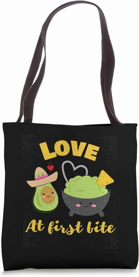 Love At First Bite | Cute Kawaii Avocado Guacamole Drawing Tote Bag