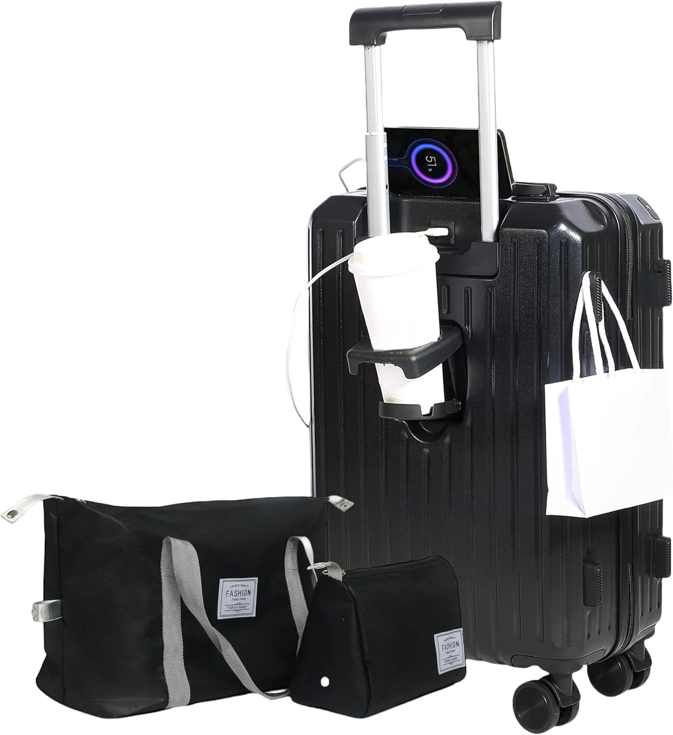 Luggage Set 3 Piece with Cup Holder and USB Charging Port, Hard Side Carry-on Luggage with Spinner Wheels, Lightweight Luggage for Travel, Business (Black Bag, Carry-On 20-Inch)