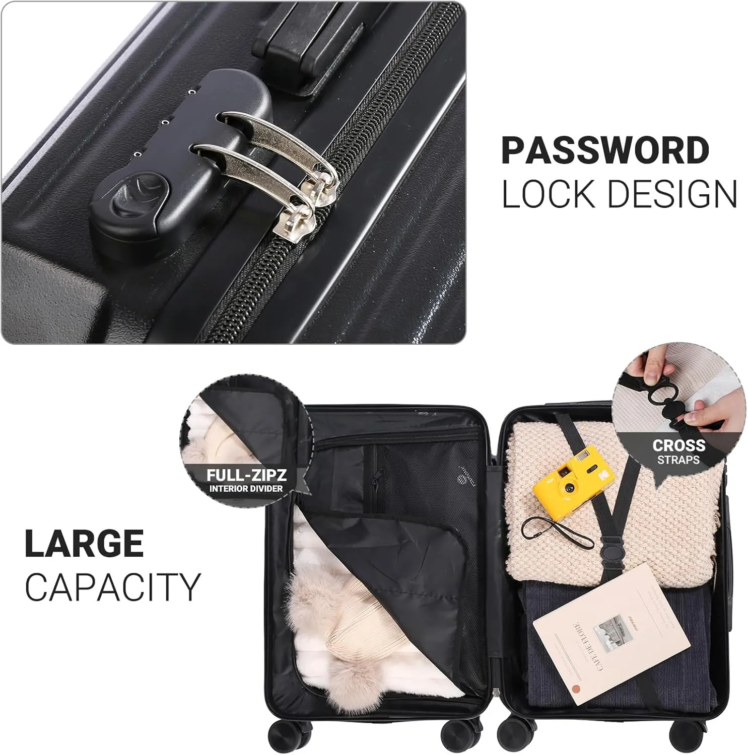 Luggage Set 3 Piece with Cup Holder and USB Charging Port, Hard Side Carry-on Luggage with Spinner Wheels, Lightweight Luggage for Travel, Business (Black Bag, Carry-On 20-Inch)
