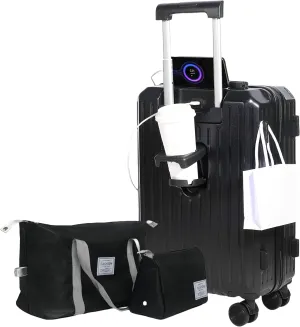 Luggage Set 3 Piece with Cup Holder and USB Charging Port, Hard Side Carry-on Luggage with Spinner Wheels, Lightweight Luggage for Travel, Business (Black Bag, Carry-On 20-Inch)