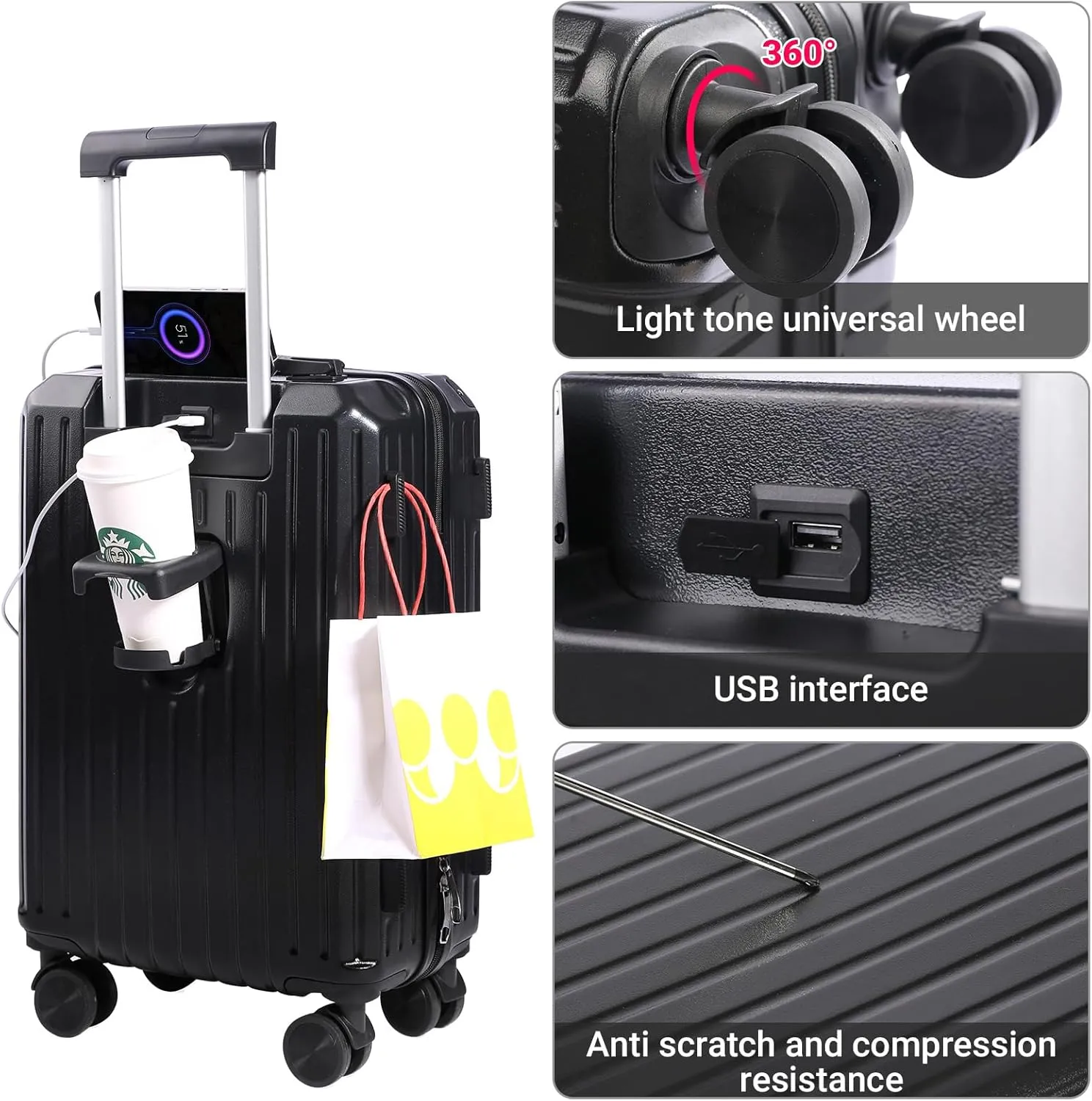 Luggage Set 3 Piece with Cup Holder and USB Charging Port, Hard Side Carry-on Luggage with Spinner Wheels, Lightweight Luggage for Travel, Business (Black Bag, Carry-On 20-Inch)