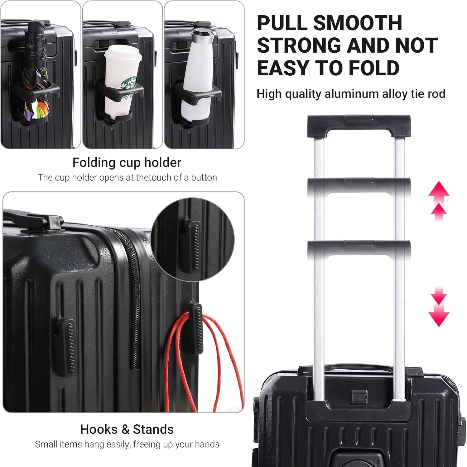 Luggage Set 3 Piece with Cup Holder and USB Charging Port, Hard Side Carry-on Luggage with Spinner Wheels, Lightweight Luggage for Travel, Business (Black Bag, Carry-On 20-Inch)