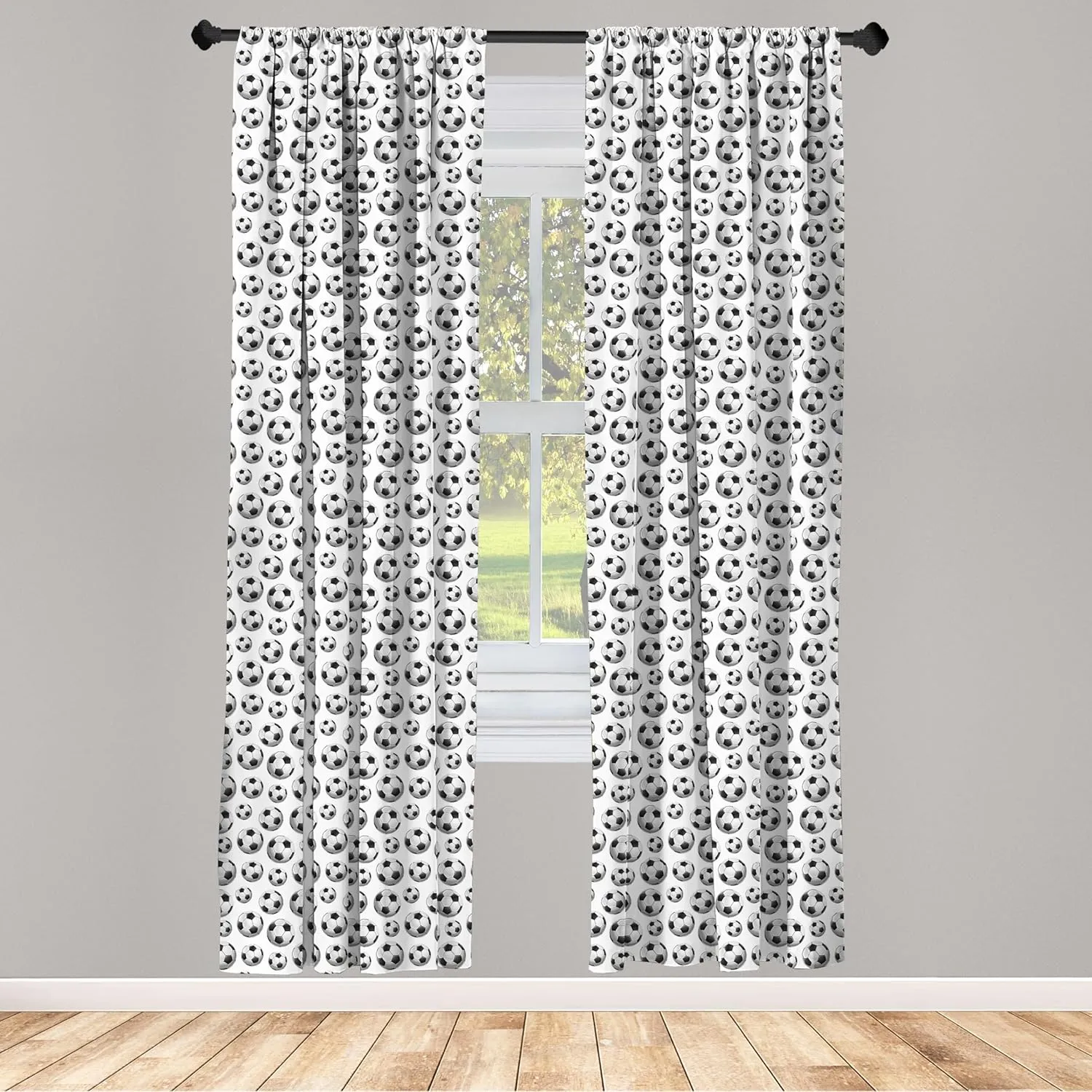 Lunarable Sports Window Curtains, Pattern Vivid Graphic Soccer Balls Athletics Hobby Active Life Theme, Lightweight Decor 2-Panel Set with Rod Pocket, Pair of - 28" x 95", Grey Charcoal