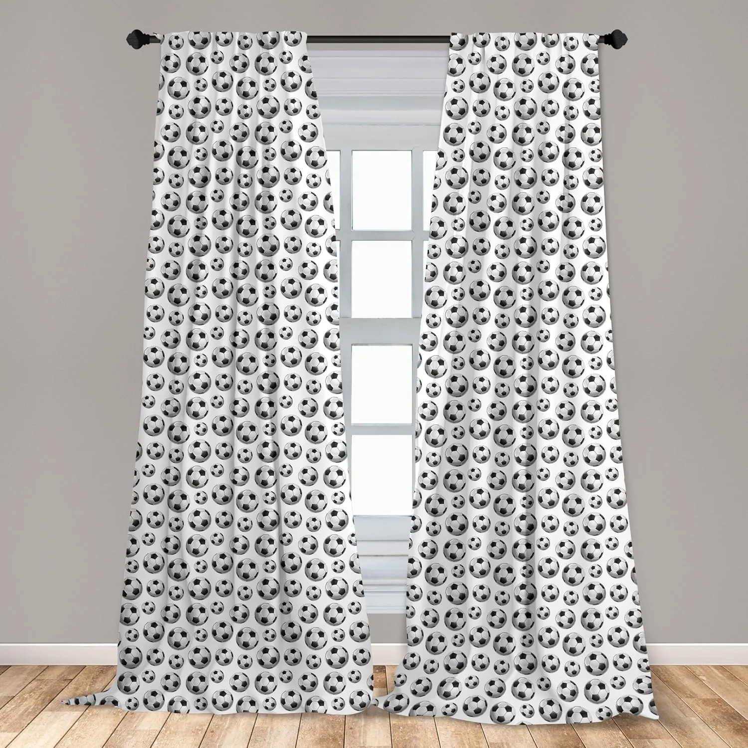Lunarable Sports Window Curtains, Pattern Vivid Graphic Soccer Balls Athletics Hobby Active Life Theme, Lightweight Decor 2-Panel Set with Rod Pocket, Pair of - 28" x 95", Grey Charcoal