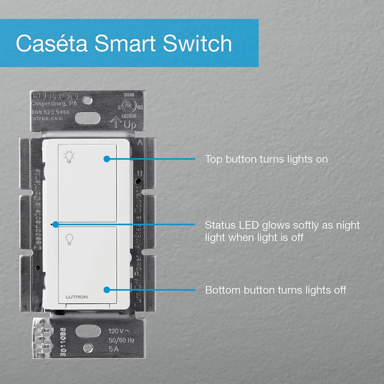 Lutron Caseta Original Smart Switch (Lutron Smart Hub Required), for LED Lights and Fans, 6 Amp, Single-Pole/3-Way, Neutral Required, PD-6ANS-BL, Black
