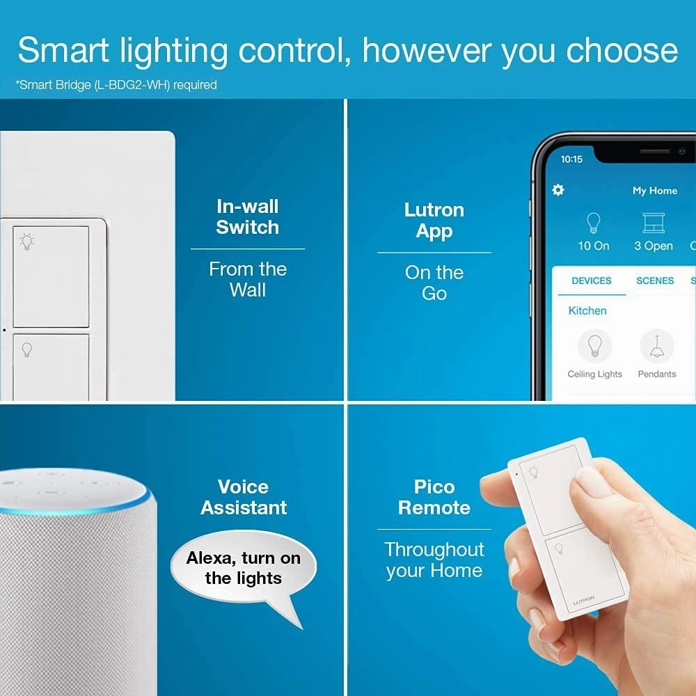 Lutron Caseta Original Smart Switch (Lutron Smart Hub Required), for LED Lights and Fans, 6 Amp, Single-Pole/3-Way, Neutral Required, PD-6ANS-BL, Black