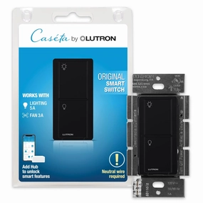 Lutron Caseta Original Smart Switch (Lutron Smart Hub Required), for LED Lights and Fans, 6 Amp, Single-Pole/3-Way, Neutral Required, PD-6ANS-BL, Black