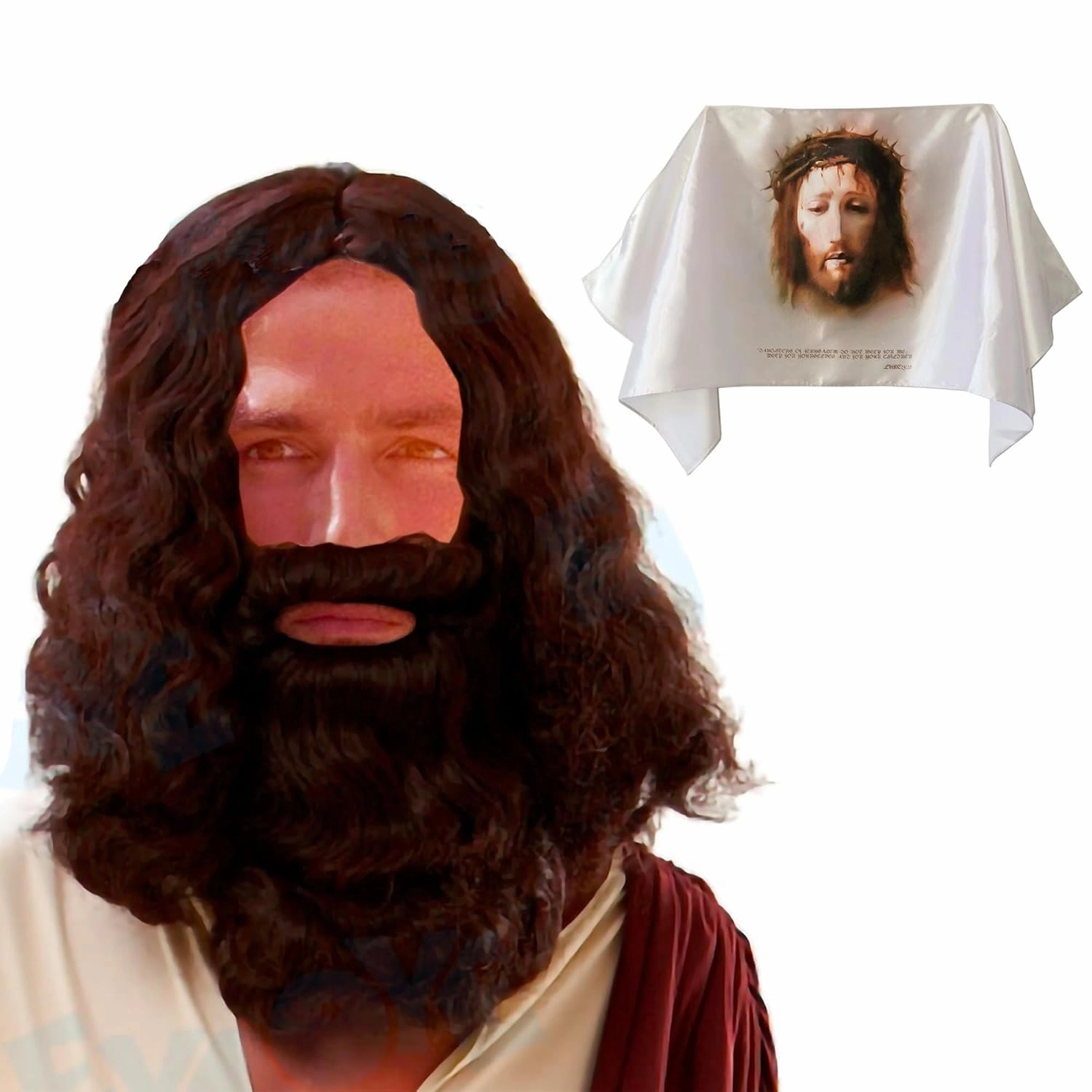 LYFOOHEART Jesus Wig and Veronica's Veil for Passion Play Jesus Hair and Beard for Church Play For Holy Week, Brown