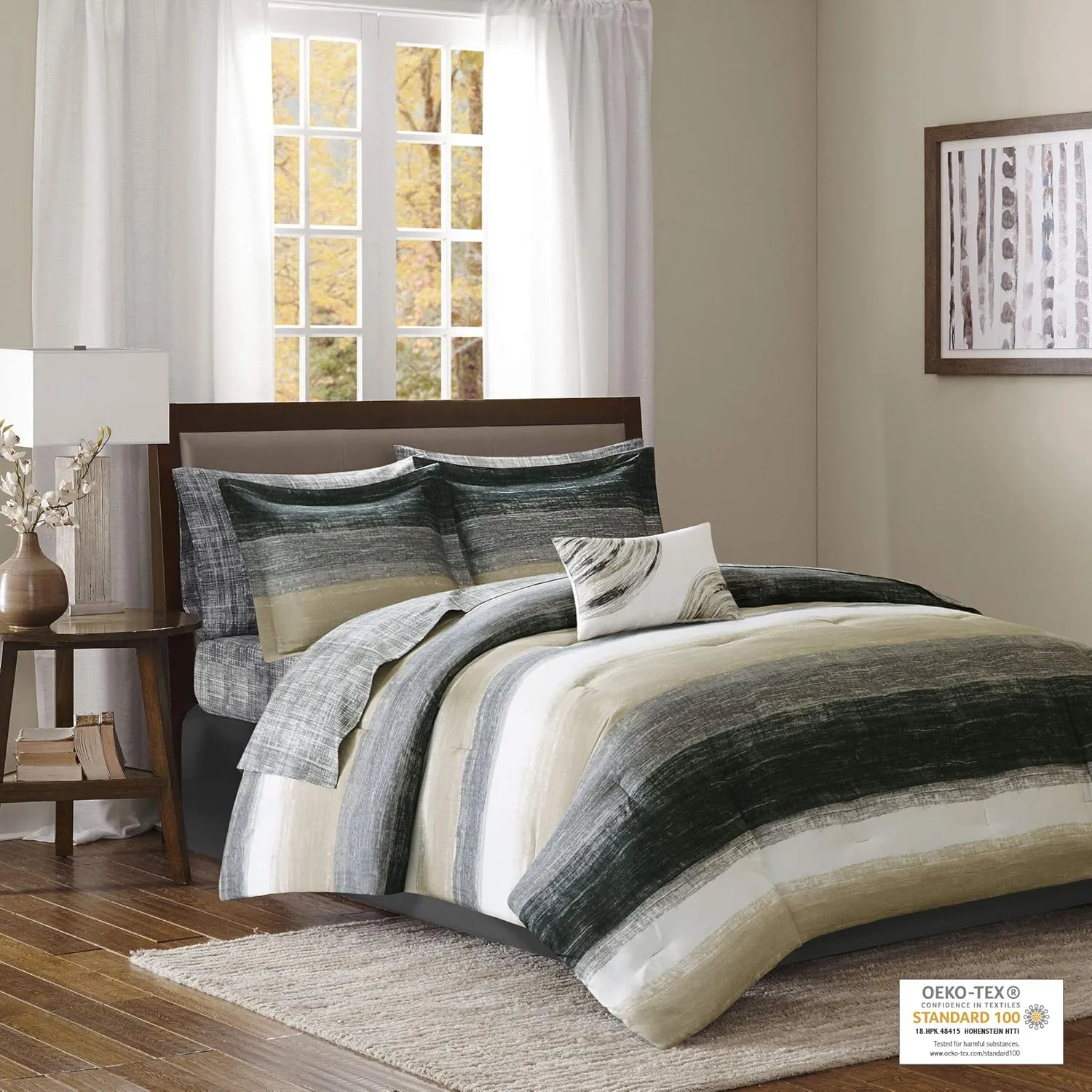 Madison Park Essentials King Comforter Set, Bed in a Bag King, Watercolor Print Coastal Comforter & Chambray Cotton Sheet Set, All Season Bedding Set, Saben, Taupe King (104 in x 92 in) 9 Piece