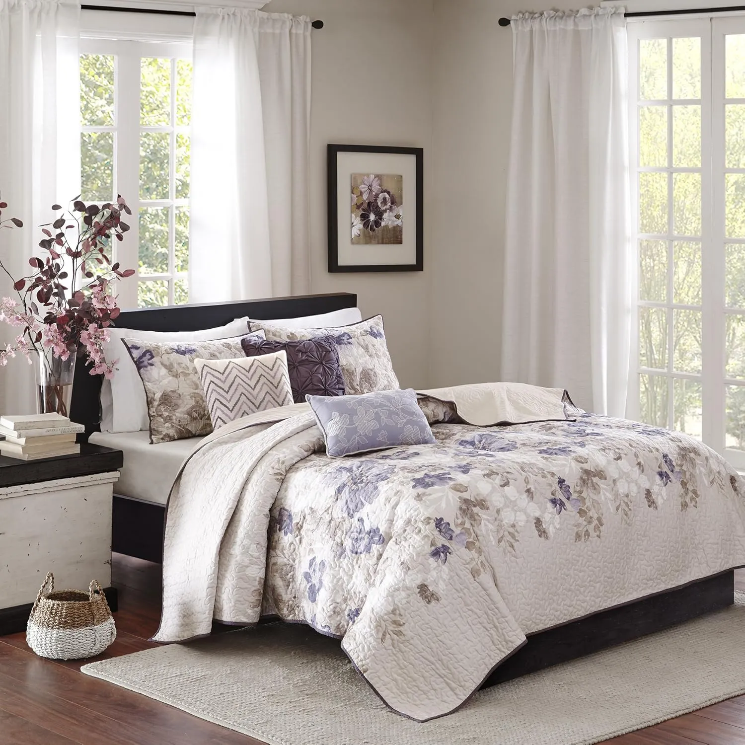 Madison Park Luna Quilt Modern Classic Design All Season, Breathable Coverlet Lightweight Bedding Set, Matching Shams, Decorative Pillow, Full/Queen(90"x90"), Floral Taupe 6 Piece