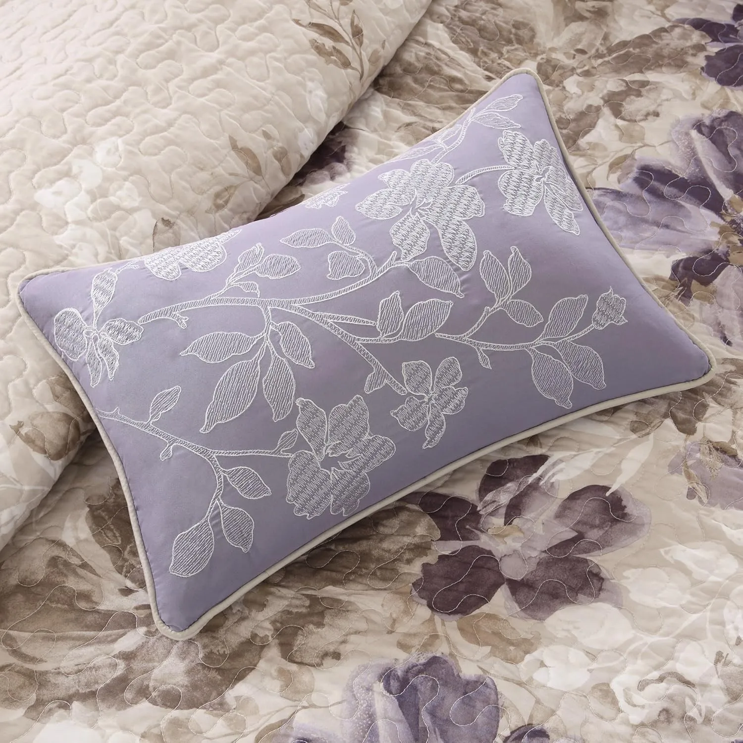 Madison Park Luna Quilt Modern Classic Design All Season, Breathable Coverlet Lightweight Bedding Set, Matching Shams, Decorative Pillow, Full/Queen(90"x90"), Floral Taupe 6 Piece