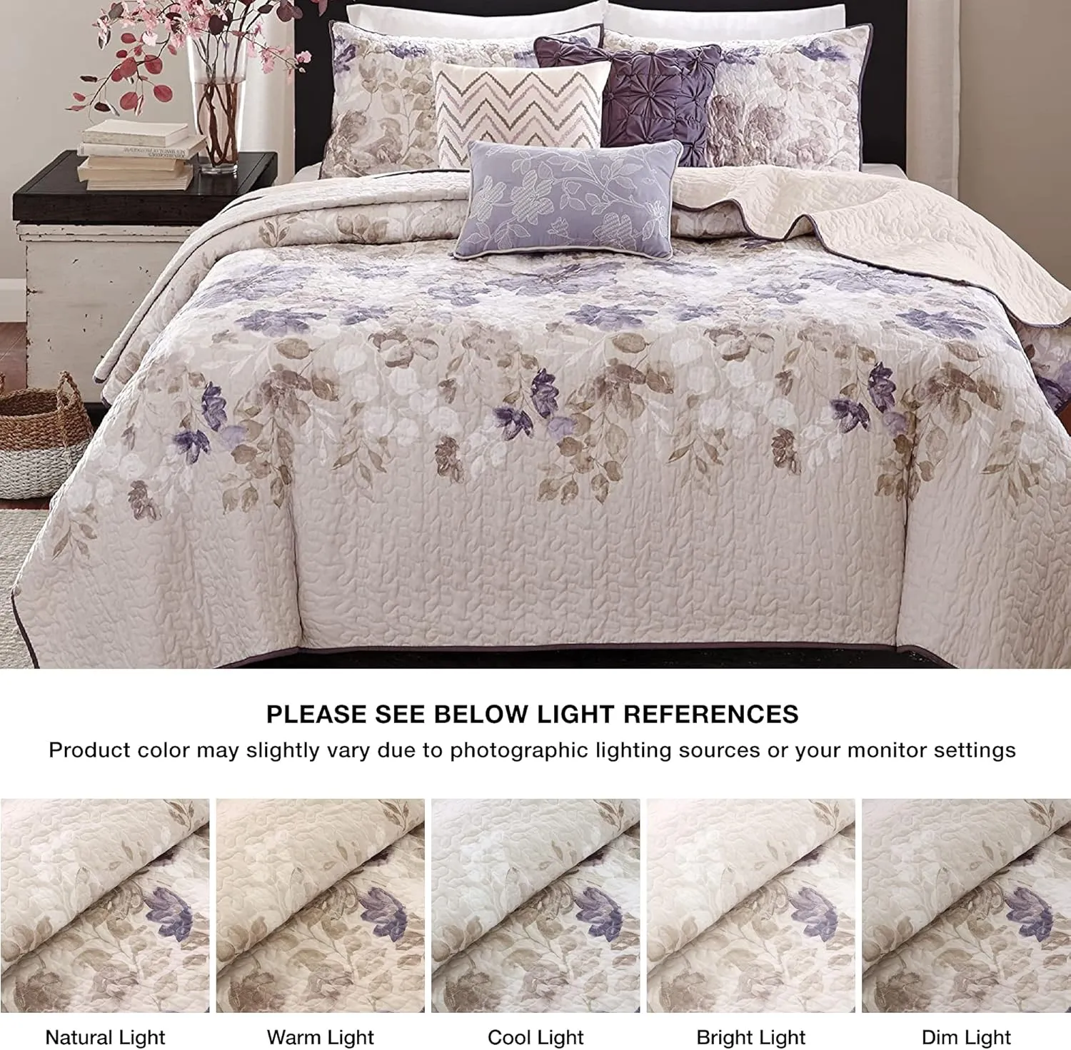 Madison Park Luna Quilt Modern Classic Design All Season, Breathable Coverlet Lightweight Bedding Set, Matching Shams, Decorative Pillow, Full/Queen(90"x90"), Floral Taupe 6 Piece
