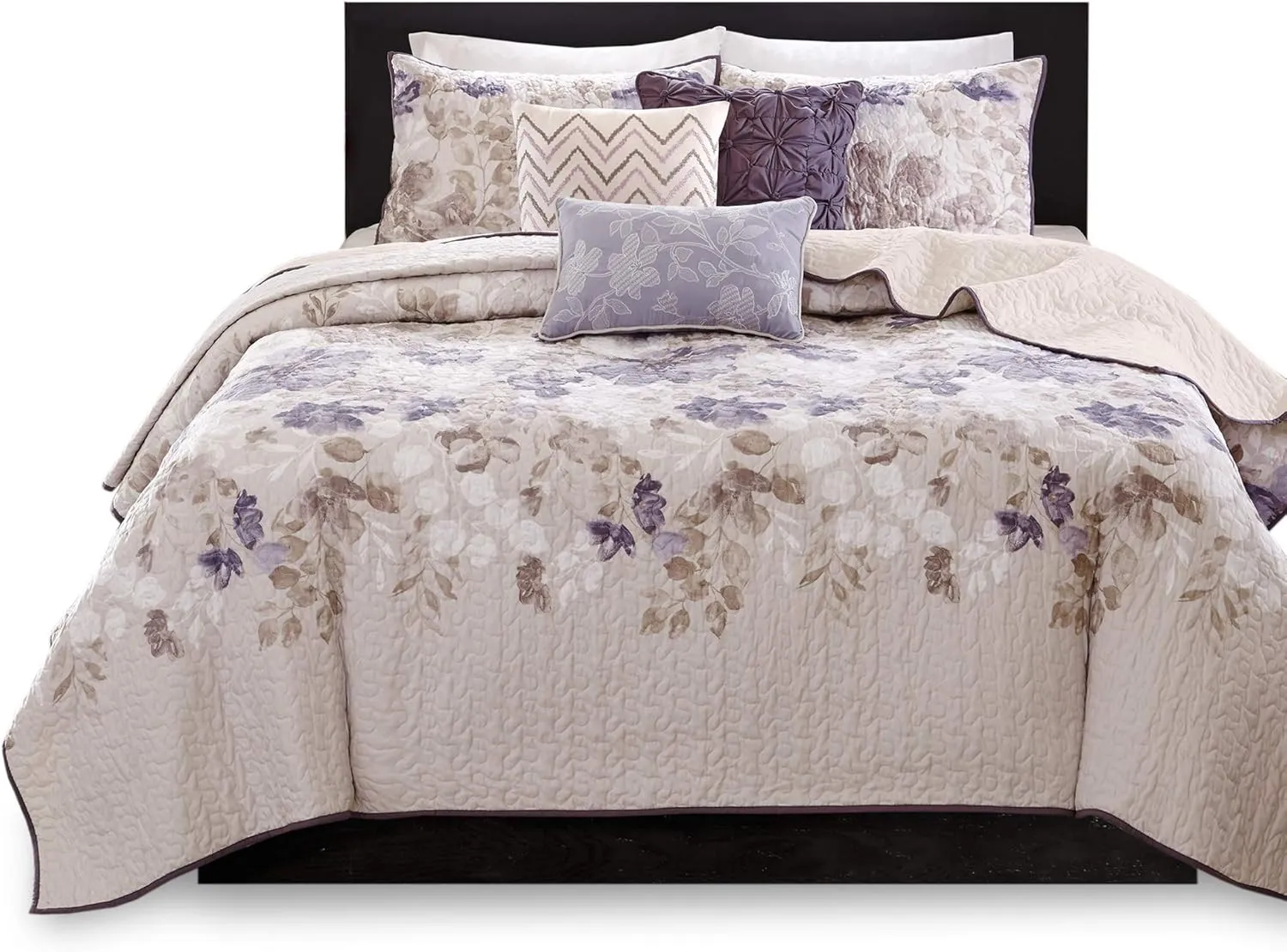 Madison Park Luna Quilt Modern Classic Design All Season, Breathable Coverlet Lightweight Bedding Set, Matching Shams, Decorative Pillow, Full/Queen(90"x90"), Floral Taupe 6 Piece