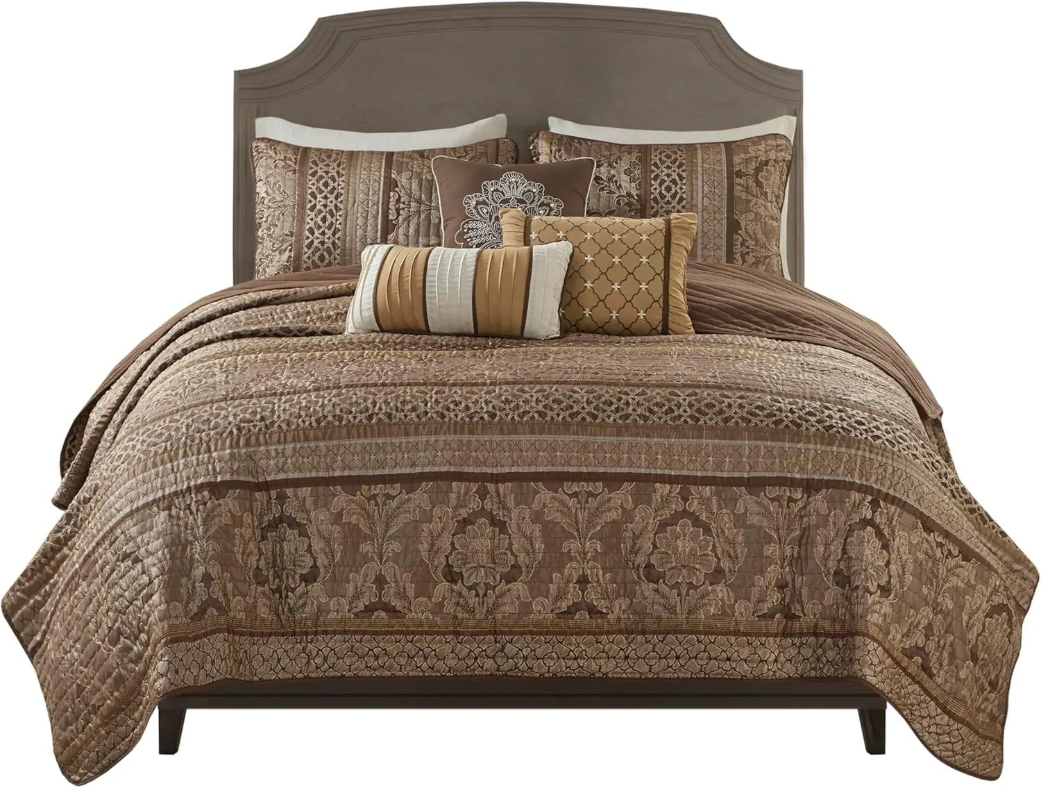 Madison Park Quilt Traditional Damask Design All Season, Lightweight Coverlet Bedspread Bedding Set, Matching Shams, Pillows, King/Cal King(104"x94"), Bellagio, Jacquard Brown/Gold 6 Piece (MP13-369)