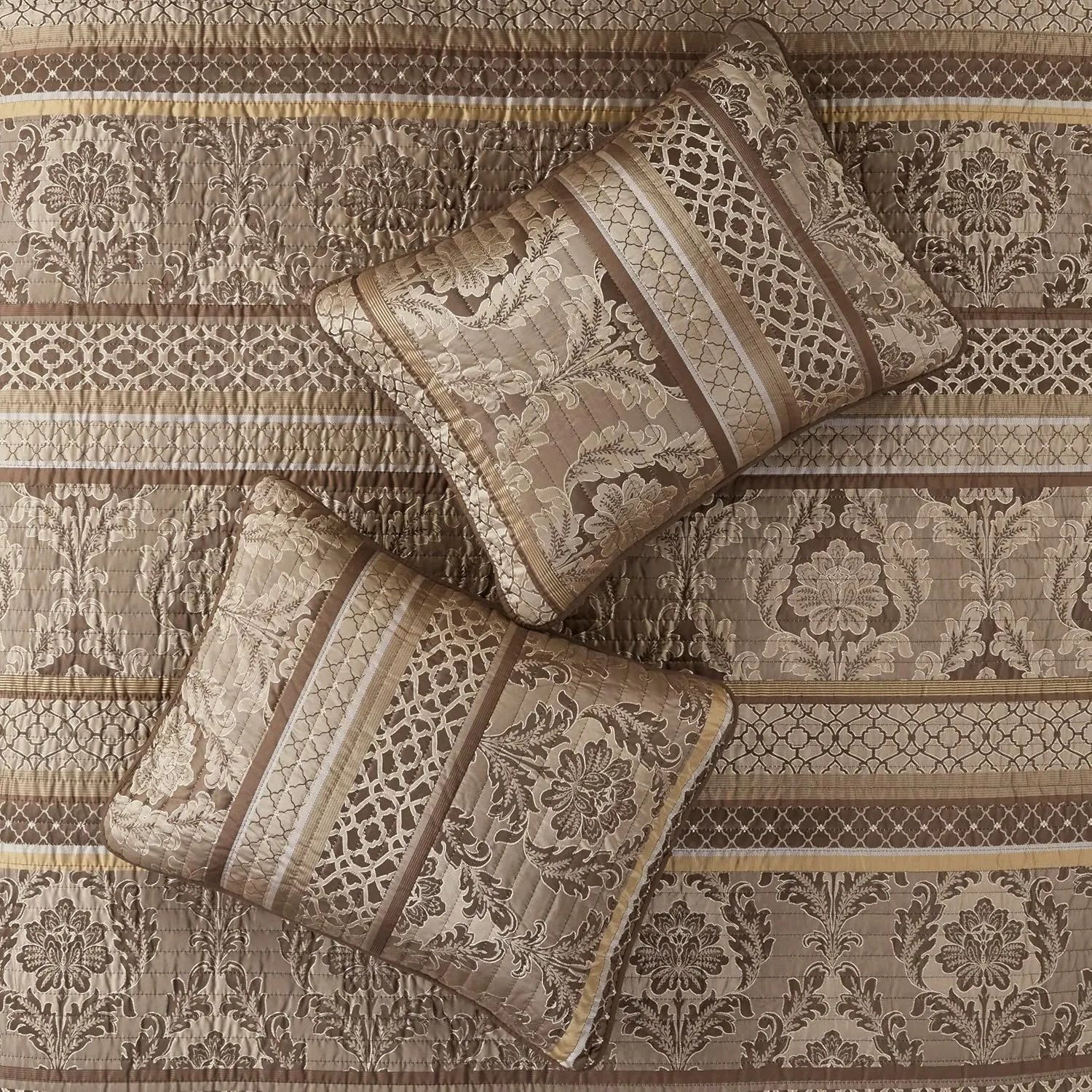 Madison Park Quilt Traditional Damask Design All Season, Lightweight Coverlet Bedspread Bedding Set, Matching Shams, Pillows, King/Cal King(104"x94"), Bellagio, Jacquard Brown/Gold 6 Piece (MP13-369)