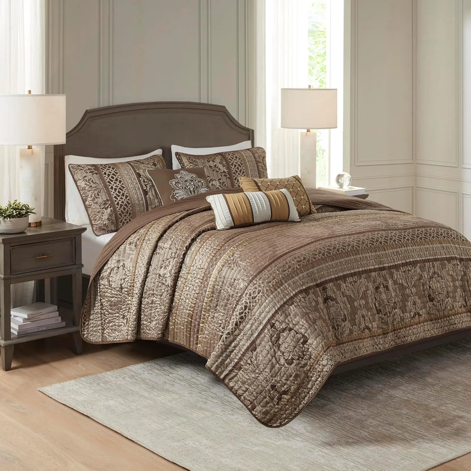 Madison Park Quilt Traditional Damask Design All Season, Lightweight Coverlet Bedspread Bedding Set, Matching Shams, Pillows, King/Cal King(104"x94"), Bellagio, Jacquard Brown/Gold 6 Piece (MP13-369)