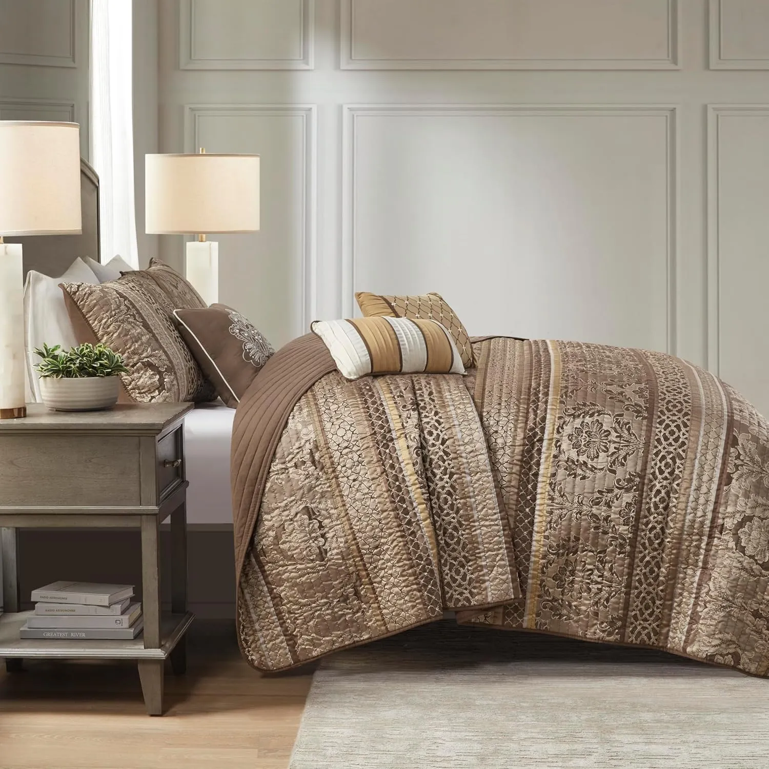 Madison Park Quilt Traditional Damask Design All Season, Lightweight Coverlet Bedspread Bedding Set, Matching Shams, Pillows, King/Cal King(104"x94"), Bellagio, Jacquard Brown/Gold 6 Piece (MP13-369)