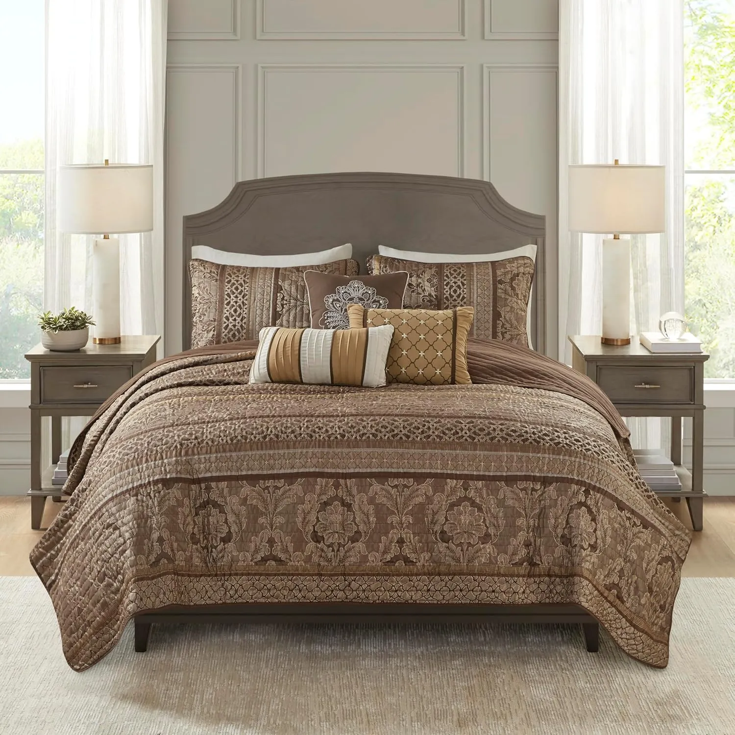 Madison Park Quilt Traditional Damask Design All Season, Lightweight Coverlet Bedspread Bedding Set, Matching Shams, Pillows, King/Cal King(104"x94"), Bellagio, Jacquard Brown/Gold 6 Piece (MP13-369)