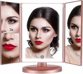 Makeup 3 Panel Vanity Mirror with Lights, 1x 2X 3X Magnification, Touch Screen Switch, 180 Degree Rotation, Portable Trifold Makeup Mirror