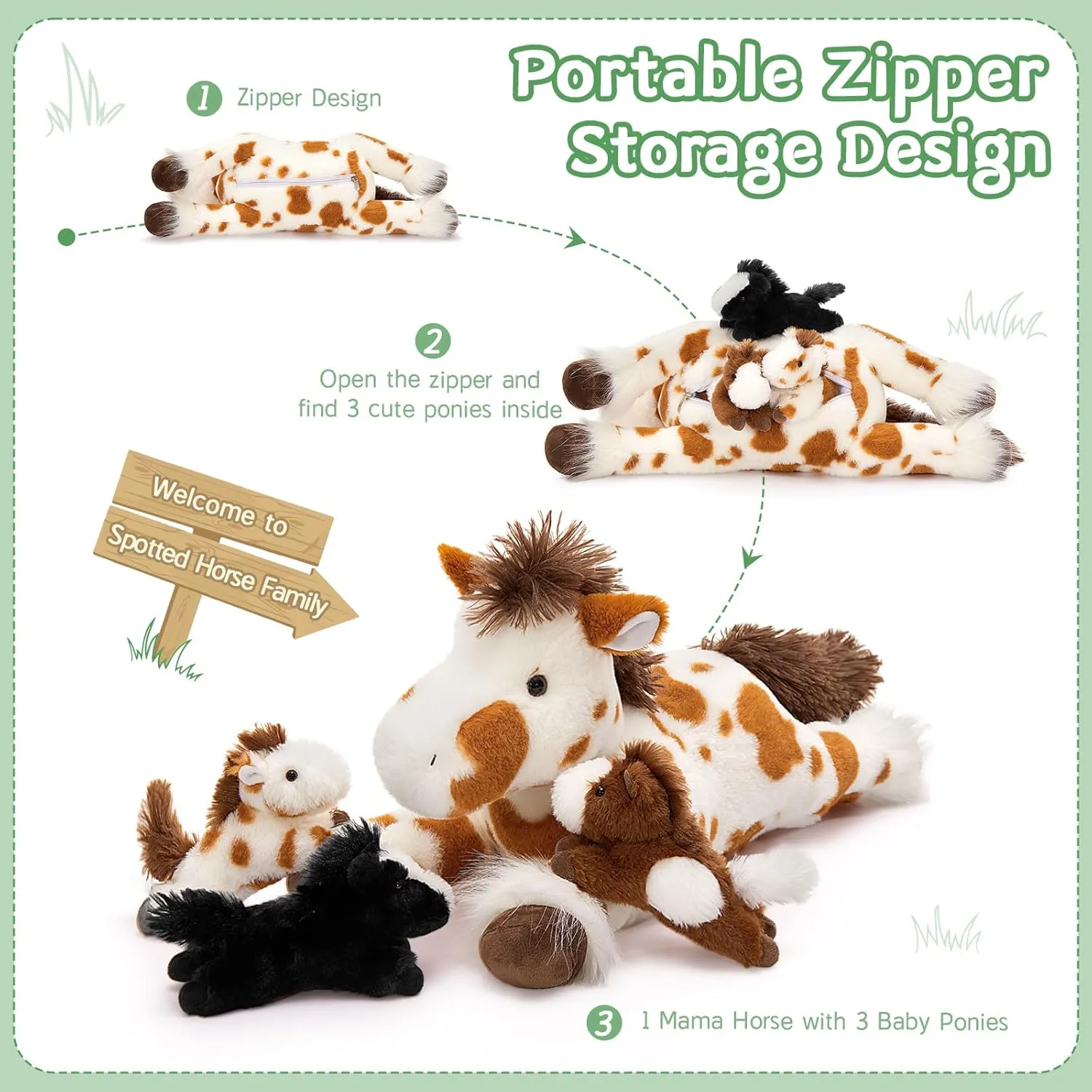 MaoGoLan 4 Pcs Horse Plush Stuffed Animal, Large Mommy Spotted Horse with Babies Pony Toys, Pony Plushies Bulk for Kids, Christmas Birthday Gift, 21 inches