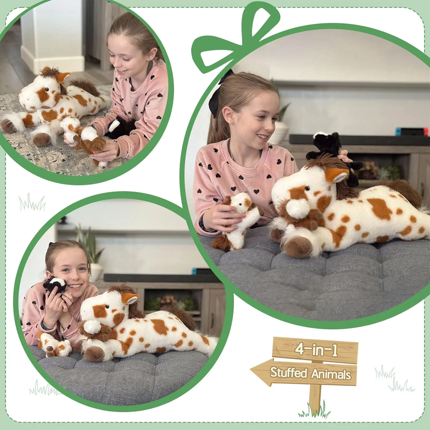MaoGoLan 4 Pcs Horse Plush Stuffed Animal, Large Mommy Spotted Horse with Babies Pony Toys, Pony Plushies Bulk for Kids, Christmas Birthday Gift, 21 inches