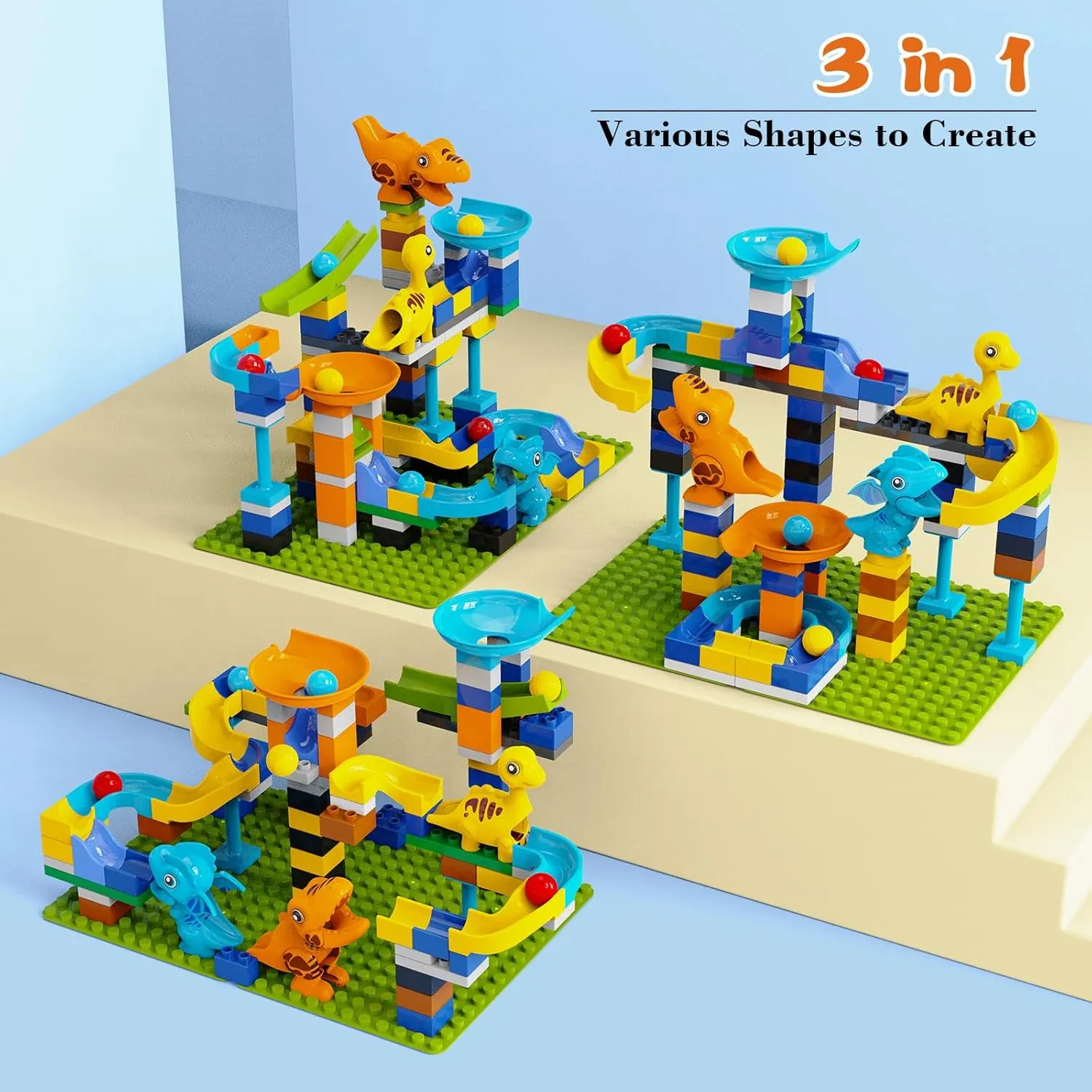 Marble Run Building Blocks, Dinosaurs Marble Track Toy Classic Large Bricks for 3 4 5 6 7   Year Old Boys Girls Kids, Bricks Compatible with All Major Brands