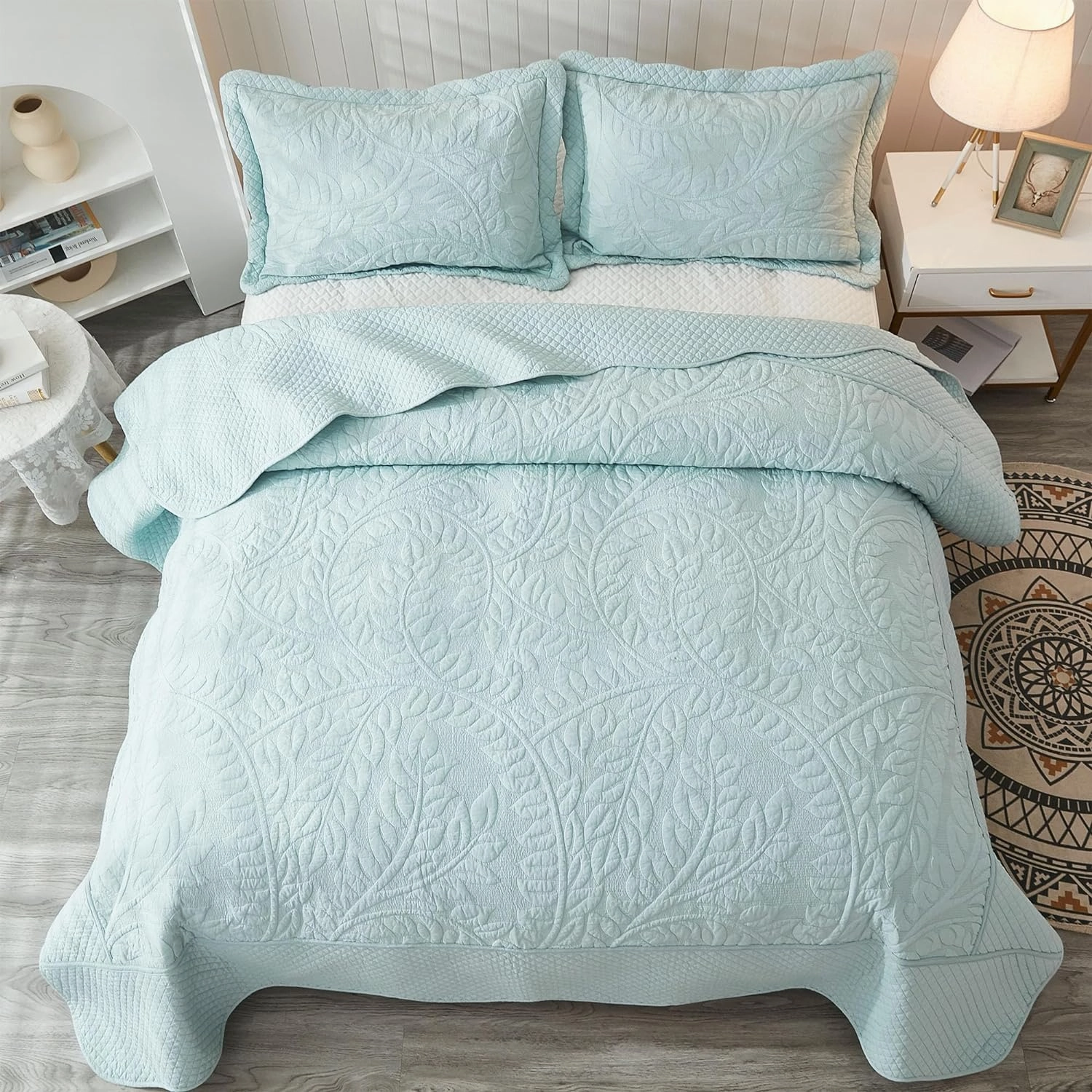 MarCielo 3-Piece 100% Cotton Oversized Bedspread Lightweight Quilt Coverlet Embroidery Farmhouse Bedding Set T0 (Aruba Blue, King (118"x106"))