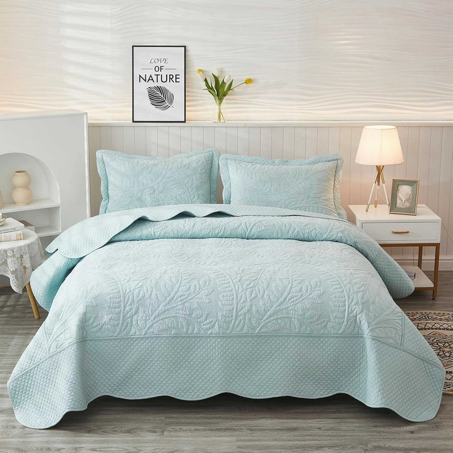 MarCielo 3-Piece 100% Cotton Oversized Bedspread Lightweight Quilt Coverlet Embroidery Farmhouse Bedding Set T0 (Aruba Blue, King (118"x106"))
