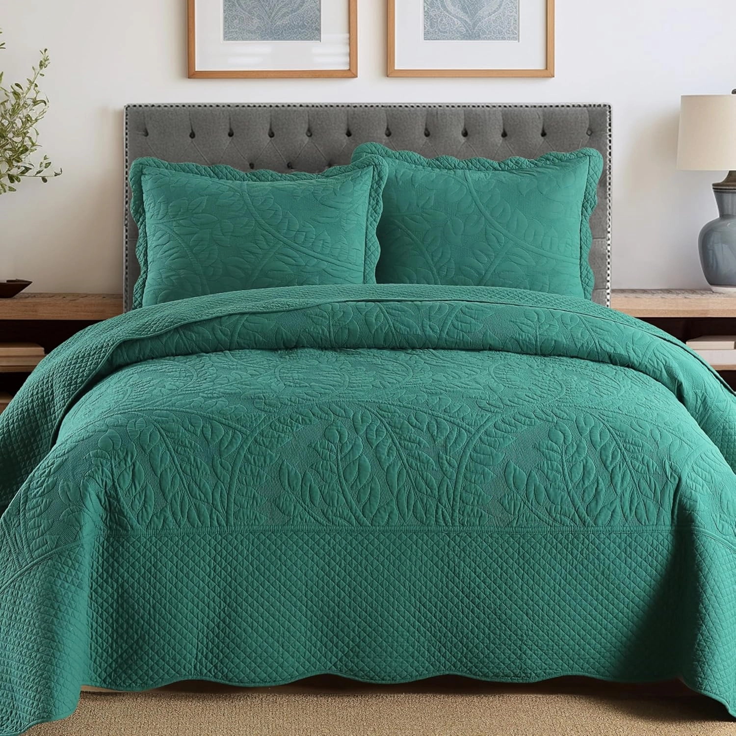 MarCielo 3-Piece 100% Cotton Oversized Bedspread Lightweight Quilt Coverlet Embroidery Farmhouse Bedding Set T0 (Emerald, Queen (100"x106"))