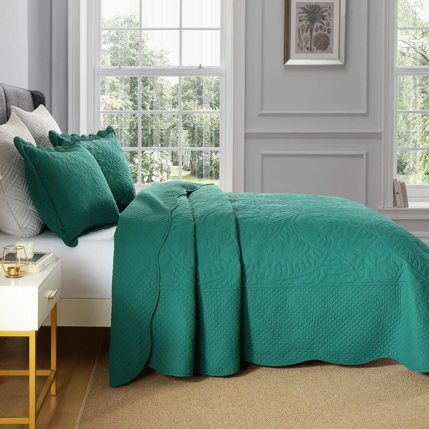MarCielo 3-Piece 100% Cotton Oversized Bedspread Lightweight Quilt Coverlet Embroidery Farmhouse Bedding Set T0 (Emerald, Queen (100"x106"))