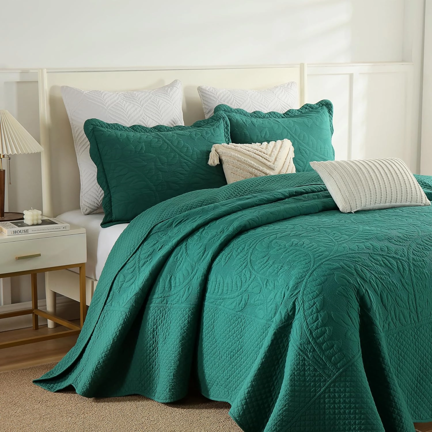 MarCielo 3-Piece 100% Cotton Oversized Bedspread Lightweight Quilt Coverlet Embroidery Farmhouse Bedding Set T0 (Emerald, Queen (100"x106"))