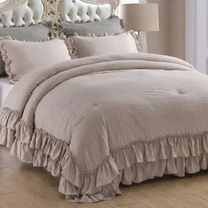 Masaca Taupe Ruffled Comforter Set for Queen Bed,3 Pieces Vintage Farmhouse Shabby Bedding Set Lightweight Ultra Soft French Country Bedding (1 Farmhouse Comforter  2 Pillowcases)