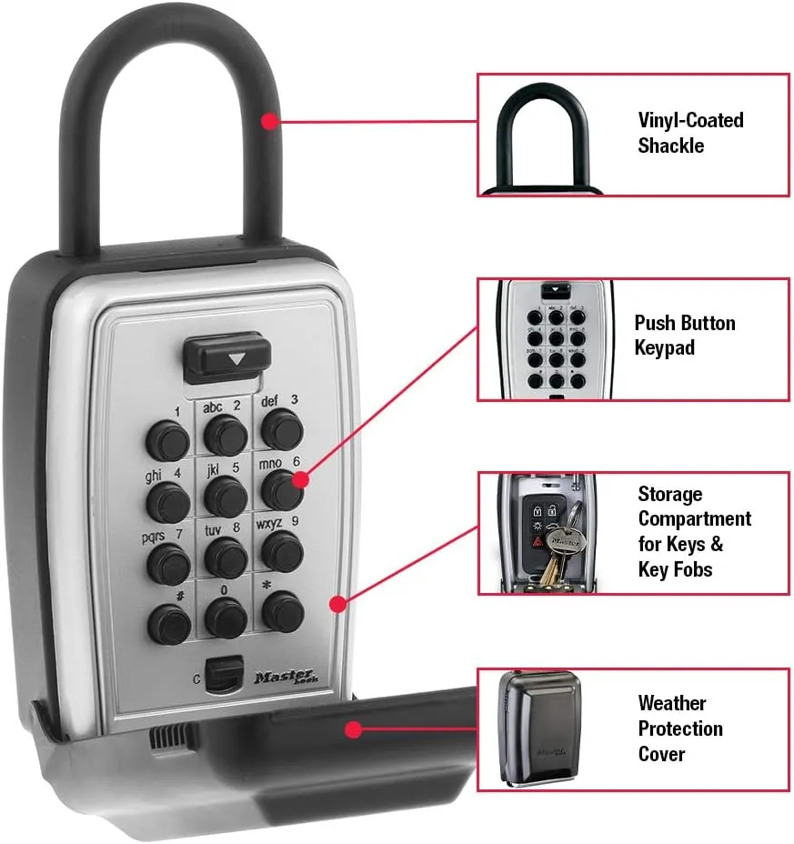 Master Lock Black Outdoor Key Lock Box with Push Buttons to Hide a Key, Easily Set, Share, and Change Combination for Tenants, Guests, Clients, Move Between Listings, 5422E