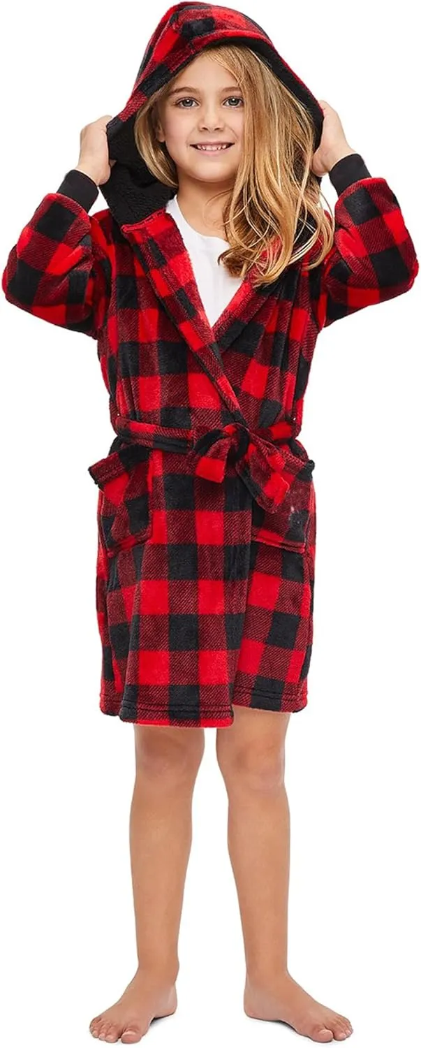 Matching Family Christmas Pajamas Set Warm Fleece Robe Pjs Set Xmas Plaid Fluffy Soft Bathrobe for Couples Kid t