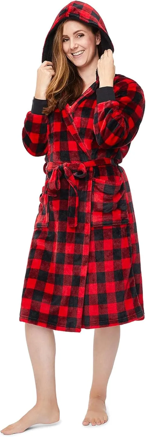 Matching Family Christmas Pajamas Set Warm Fleece Robe Pjs Set Xmas Plaid Fluffy Soft Bathrobe for Couples Kid t
