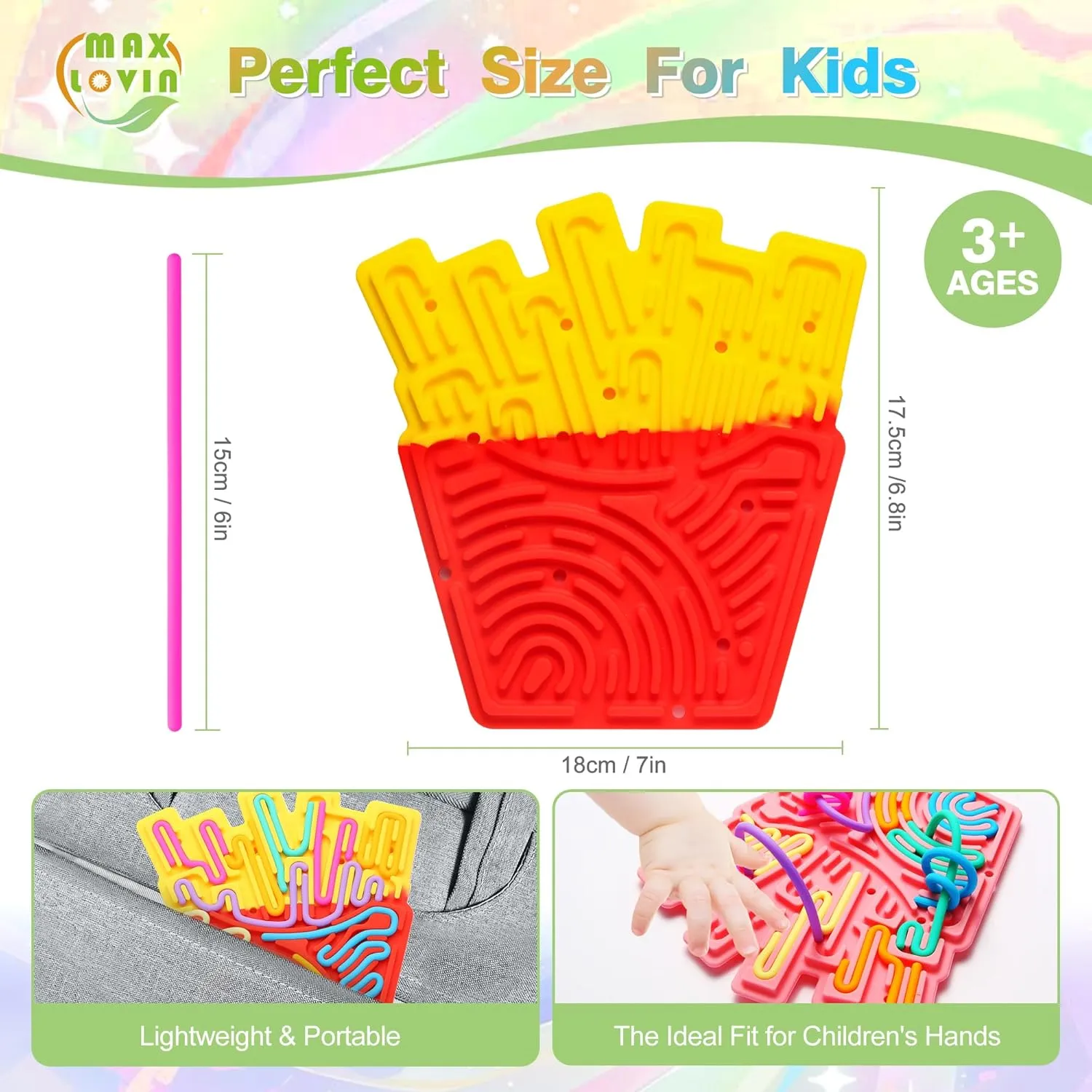MAXLOVIN Fidget Toys: Sensory Activity Board for Stress Relief, Anxiety, ADHD & Calm Down, Autism Sensory Toy for Kids 3  & Adults, Fidget Pads with Portable Bag,Buckle &12 Strings(Chips-Yellow)