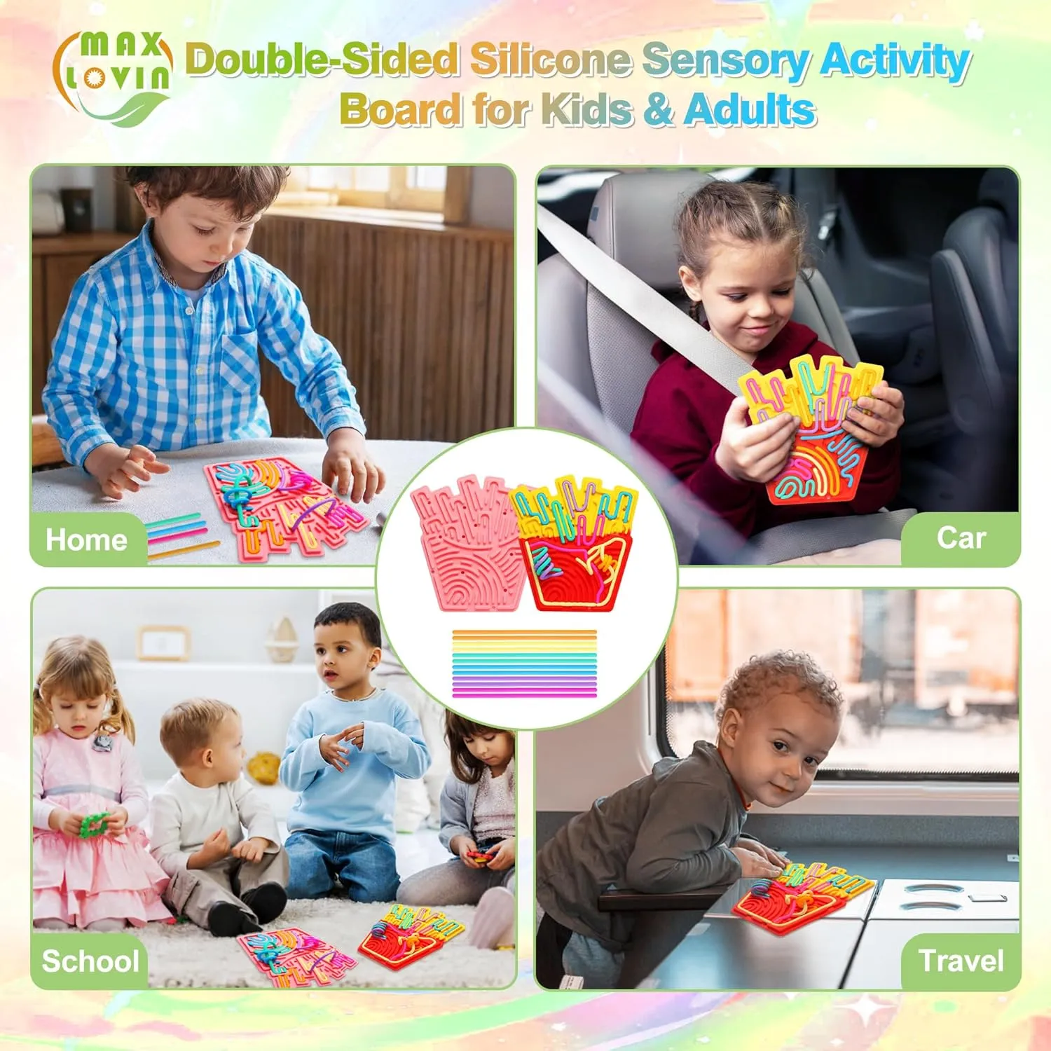 MAXLOVIN Fidget Toys: Sensory Activity Board for Stress Relief, Anxiety, ADHD & Calm Down, Autism Sensory Toy for Kids 3  & Adults, Fidget Pads with Portable Bag,Buckle &12 Strings(Chips-Yellow)