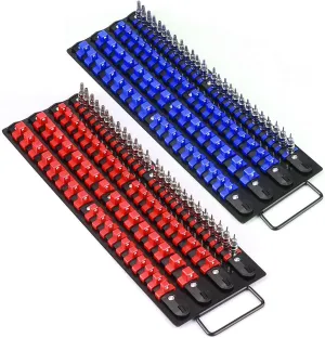 Mayouko 80-Piece Portable Socket Organizer Tray, 2 Pcs Set, Blue & Red, Tools Organizer 1/4-Inch, 3/8-Inch, 1/2-Inch, Heavy Duty Socket Holder, Black Rails, Blue & Red Clips