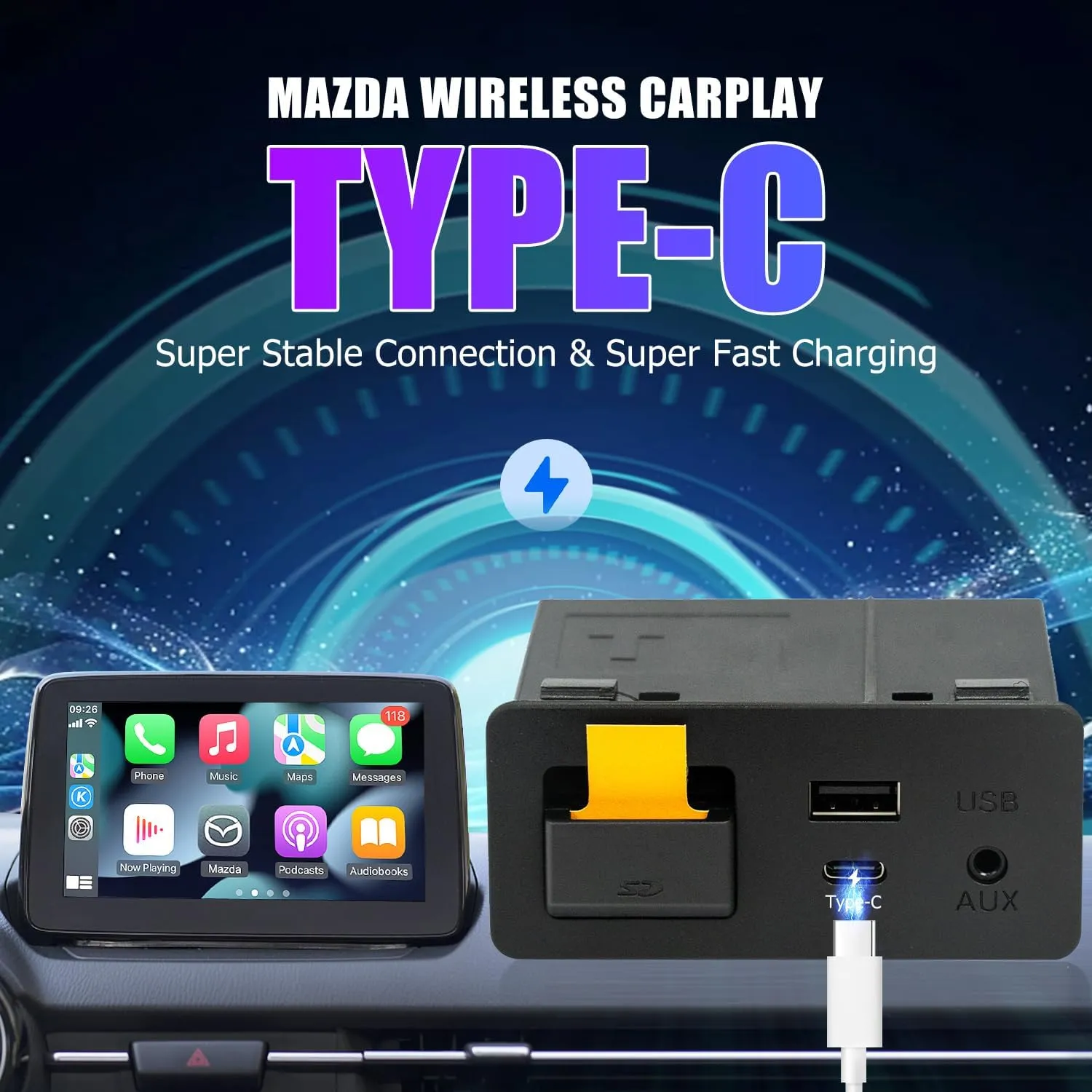 Mazda Type-C Wireless Carplay Retrofit Kit, TK78-66-9U0C OEM Media Hub to MZD Connect System, Compatible with Mazda 2/3/6/CX3/CX5/CX9/MX5 2015-2020 (Only Supporting Wireless Carplay, NO Android Auto)