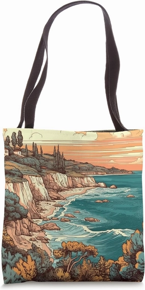 Mediterranean Coastline Vintage Landscape Graphic Tote Bag